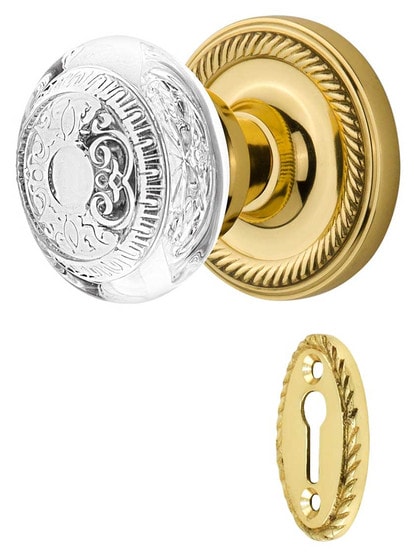 Rope Rosette Mortise-Lock Set with Egg and Dart Crystal-Glass Knobs in Polished Brass.